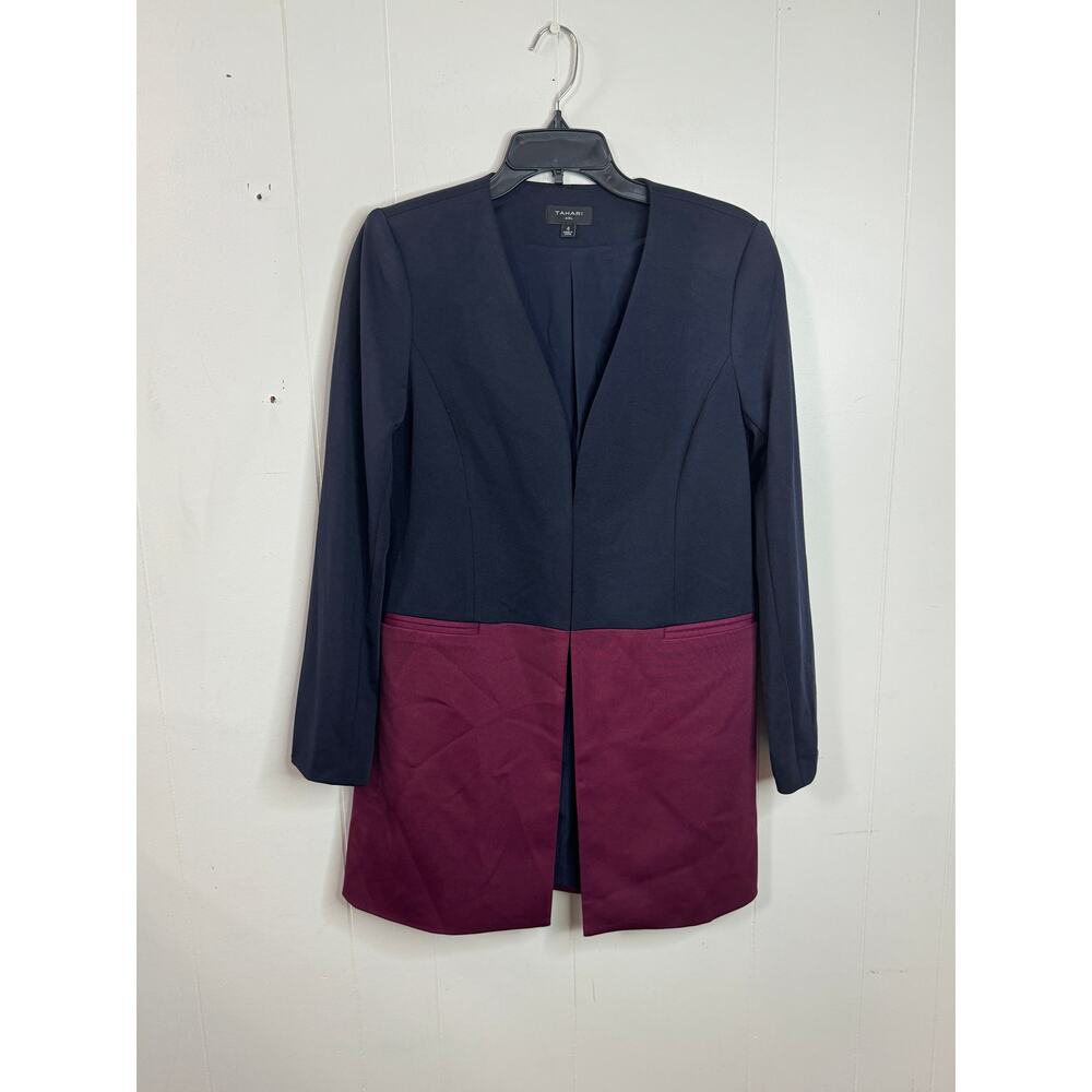 Tahari Womens Blazer Size 4 Black Red Colorblock Hook Closure Long Sleeve Lined